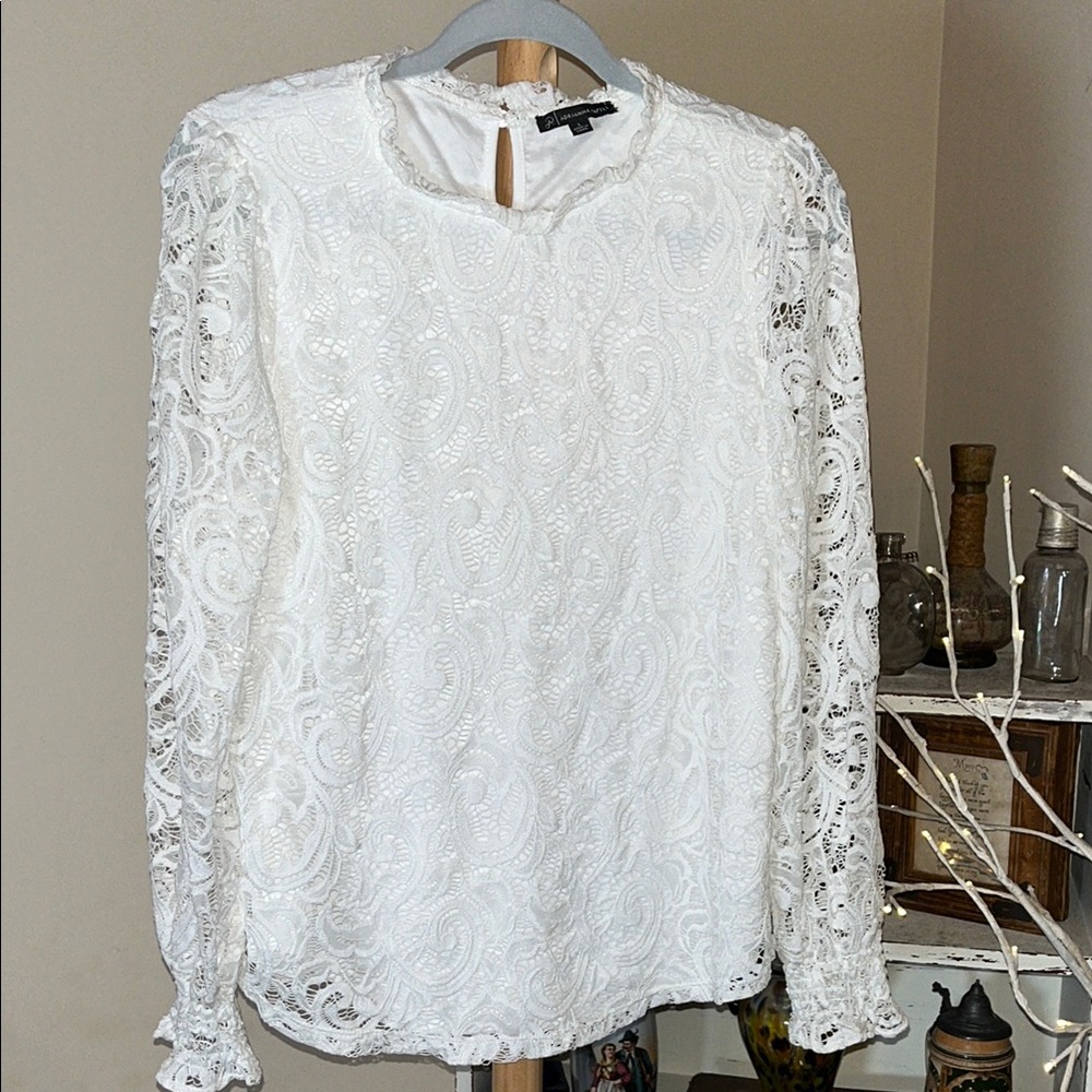 Adriana Pappell White Lace Long-Sleeve Blouse